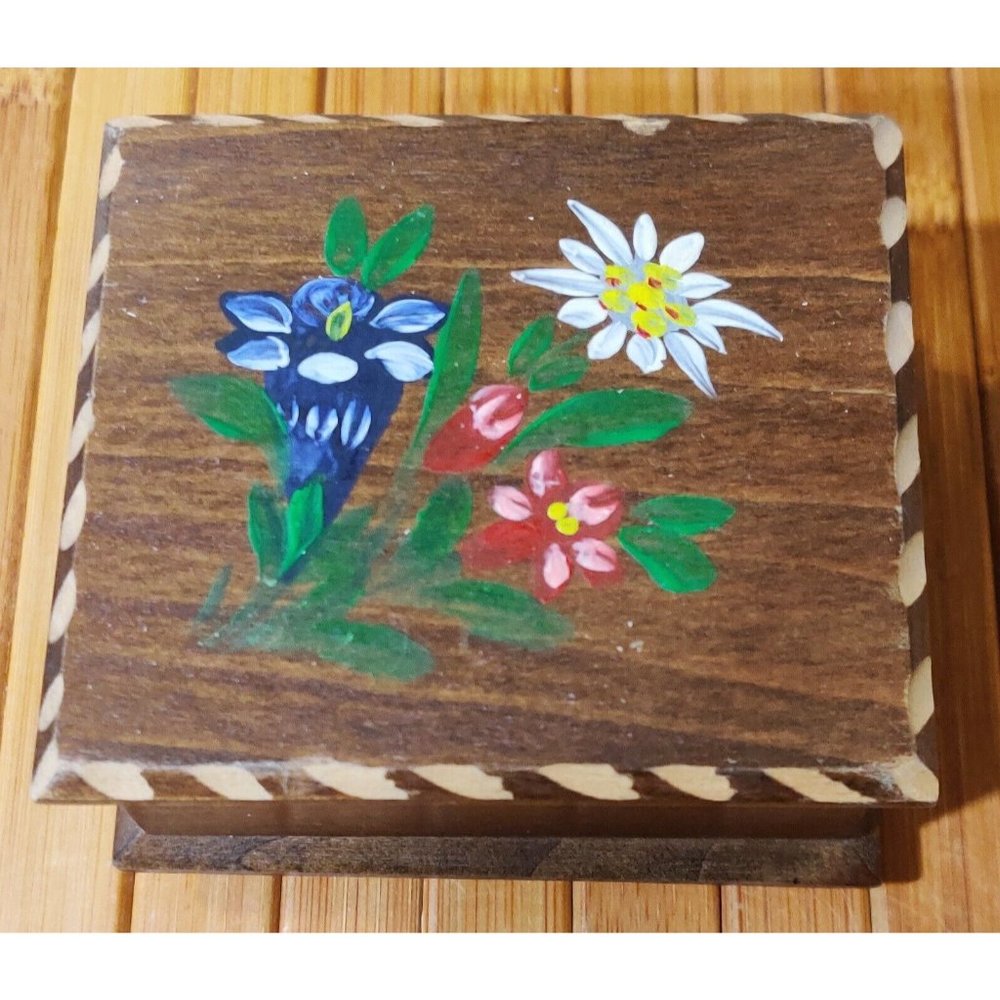 Vintage MAPSA Petite Music Box Swiss Musical Movement Hand Painted & Carved Edge